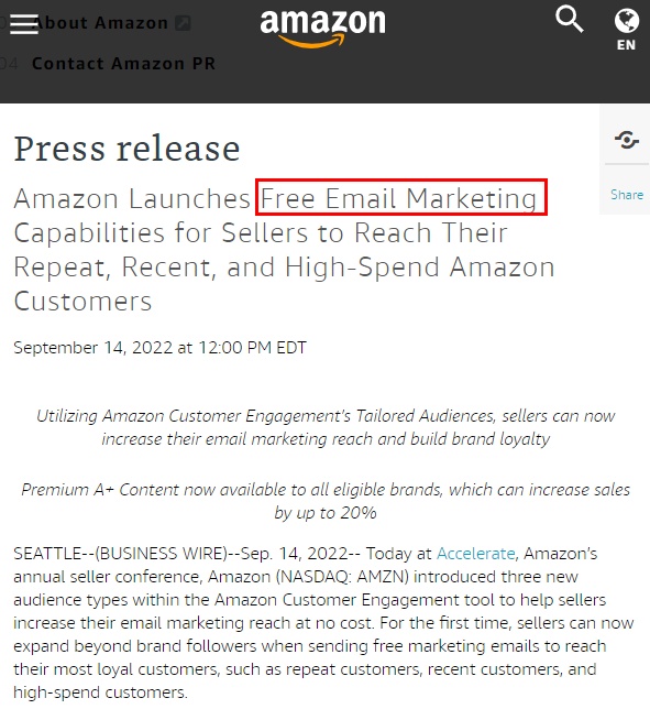 亚马逊推出免费电子邮件营销功能