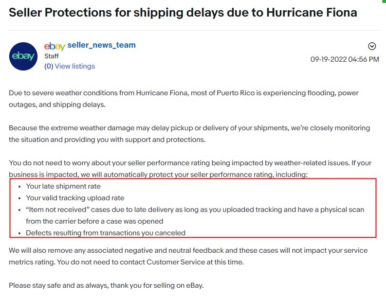 eBay为受飓风菲奥娜影响卖家提供保护措施