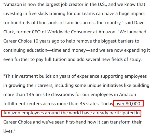 亚马逊为75万名美国员工支付大学学费