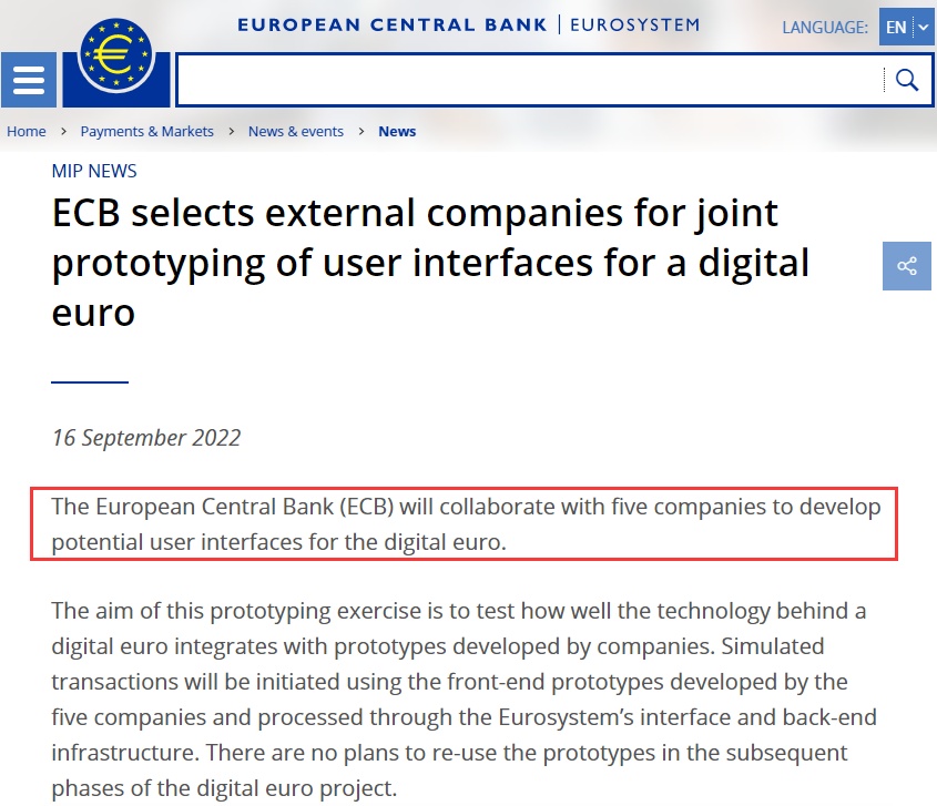 欧洲央行：亚马逊等五家公司将参与数字欧元UI原型设计