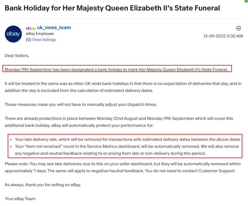 eBay将在英国女王国葬日为卖家开启自动保护