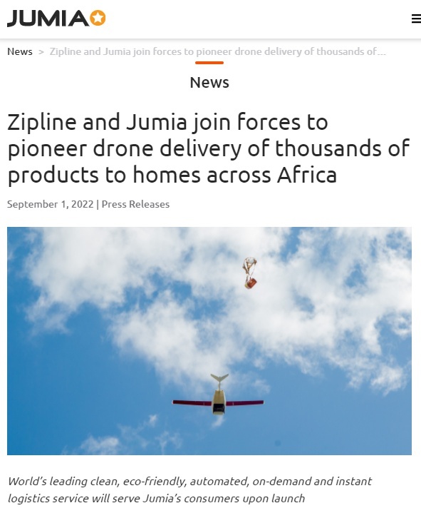 非洲电商Jumia与Zipline合作 推出无人机包裹递送服务