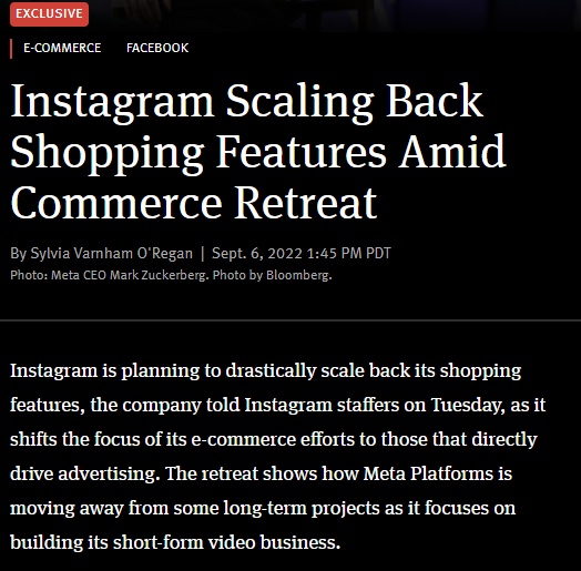Instagram计划大幅缩减其购物功能，将电商工作重点转移到广告