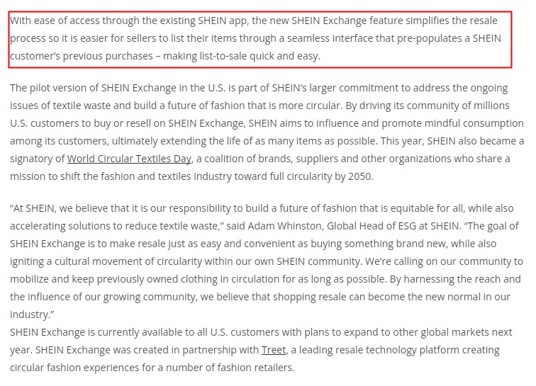 SHEIN宣布推出二手转售平台SHEIN Exchange