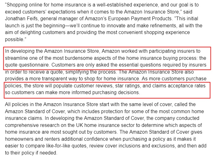 亚马逊宣布在英国推出保险商店 提供家庭保险购买