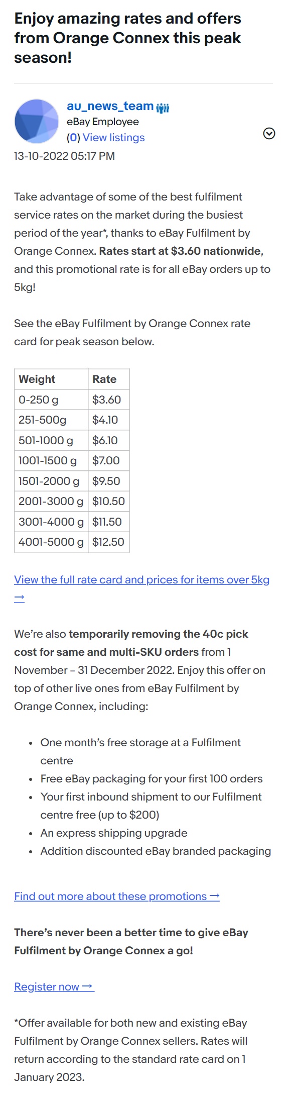 eBay澳大利亚站：降低Orange Connex配送费用