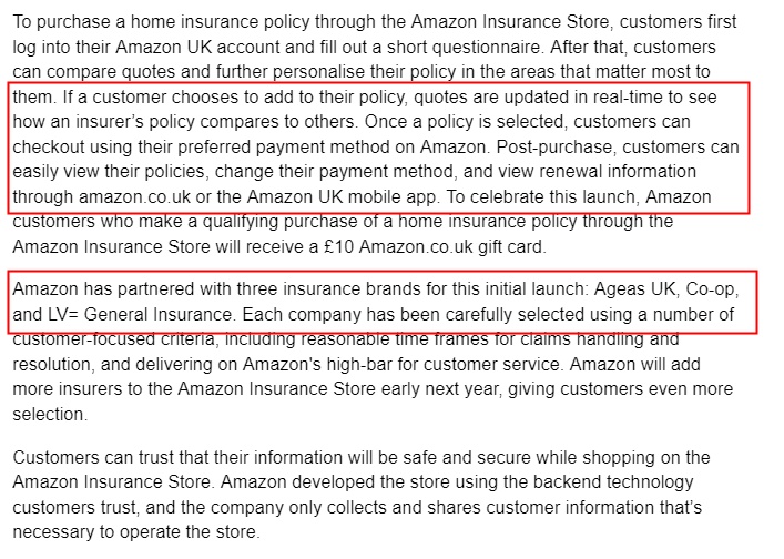亚马逊宣布在英国推出保险商店 提供家庭保险购买