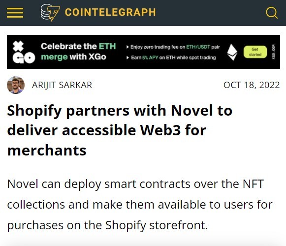 Shopify与Novel达成合作 便于用户访问Web3