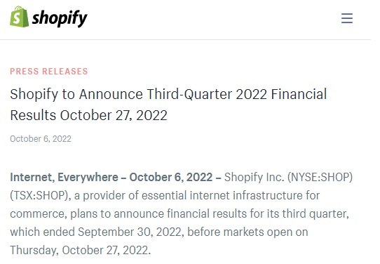 Shopify计划在10月27日公布第三季度财务业绩