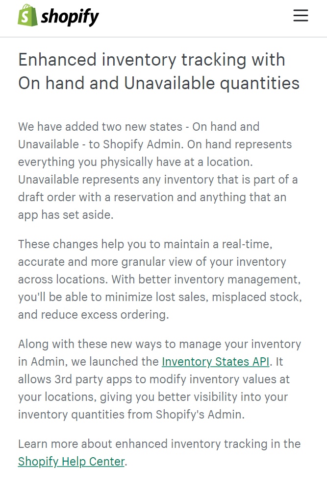 Shopify新增2个库存状态:现有产品与不可售产品