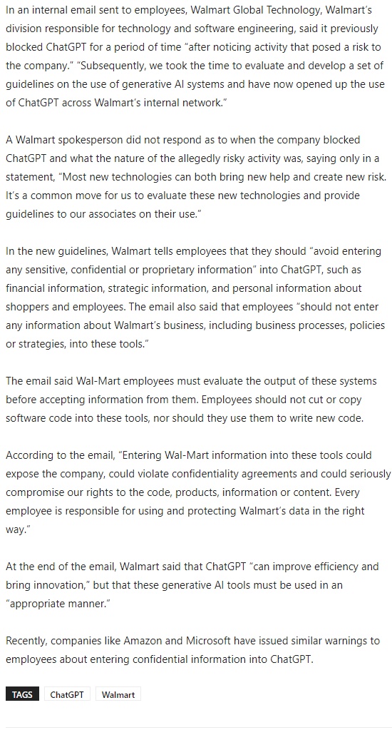 沃尔玛要求员工不要将公司信息输入ChatGPT