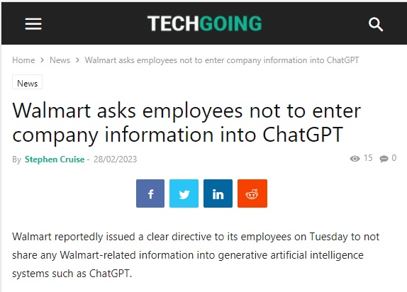 沃尔玛要求员工不要将公司信息输入ChatGPT