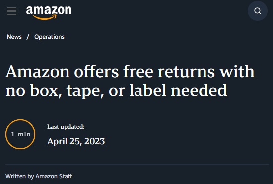 亚马逊支持免费退货,无需包装盒胶带或标签
